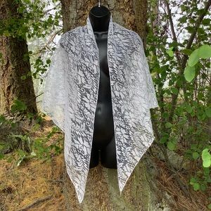 Extra large white lace fabric scarf Silver with White floral lace Shawl